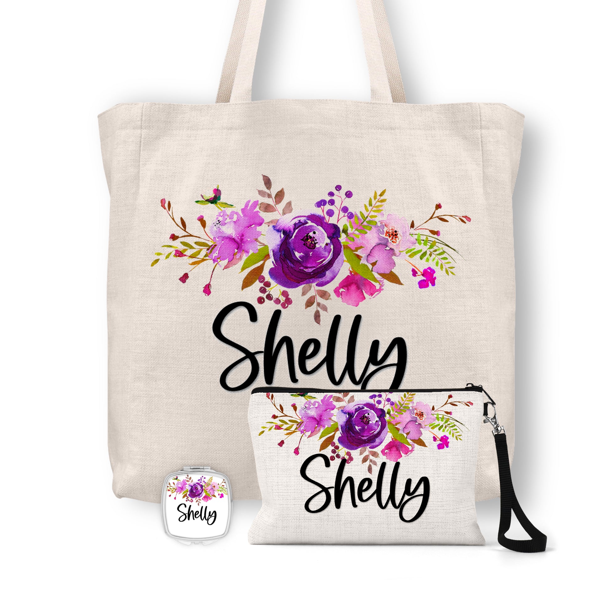 Personalized Floral Tote Bag, Cosmetic Bag & Compact Mirror Gift Set - GS0004 | S'Berry Boutique