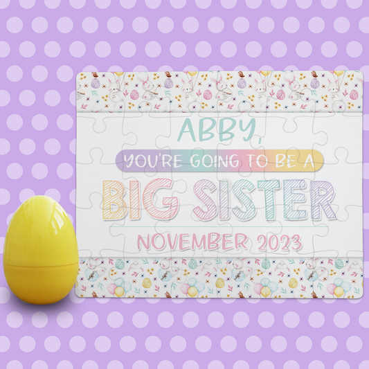 Easter Big Sister Pregnancy Announcement | Jigsaw Puzzle | Bunny With Pastel Eggs Design | With Plastic Egg | Personalized | S'Berry Boutique