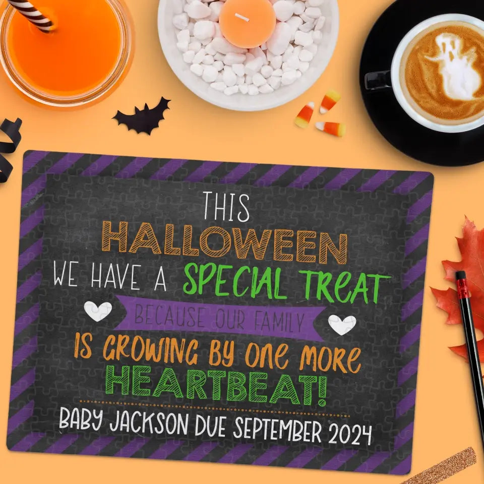 Halloween Pregnancy Announcement | Jigsaw Puzzle | Growing By One More Heartbeat | Personalized | S'Berry Boutique