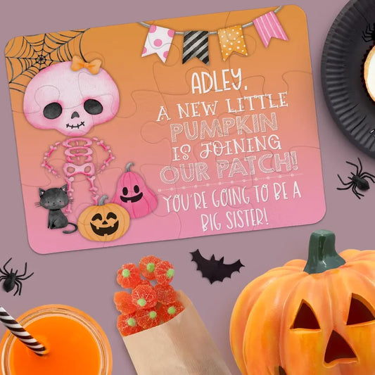 Halloween Big Sister Pregnancy Announcement | Jigsaw Puzzle | Pink | Joining Pumpkin Patch | Personalized | S'Berry Boutique