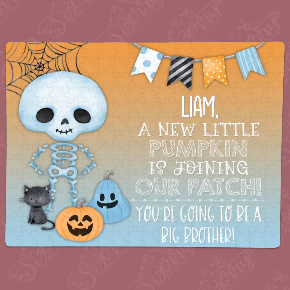 Halloween Big Brother Pregnancy Announcement | Jigsaw Puzzle | Blue | Joining Pumpkin Patch | Personalized | S'Berry Boutique