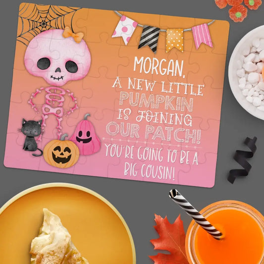 Halloween Big Cousin Pregnancy Announcement | Jigsaw Puzzle | Pink | Joining Pumpkin Patch | Personalized | S'Berry Boutique