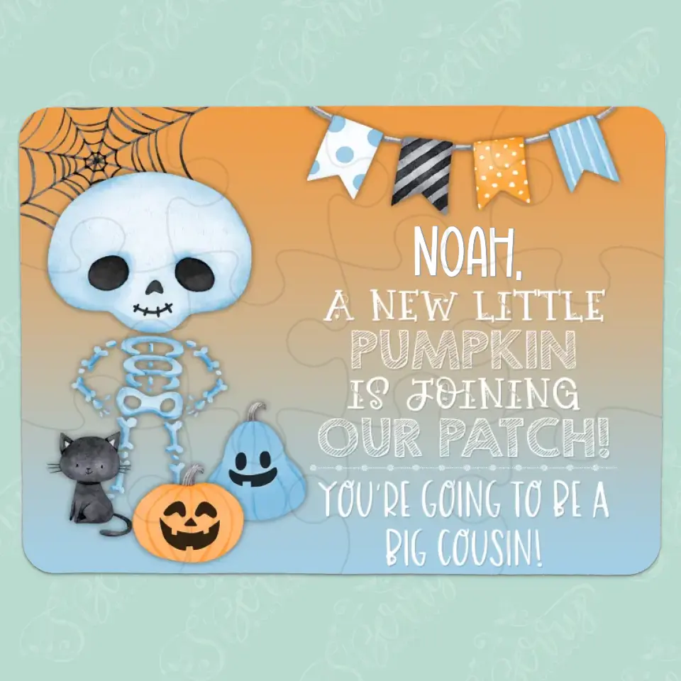 Halloween Big Cousin Pregnancy Announcement | Jigsaw Puzzle | Blue | Joining Pumpkin Patch | Personalized | S'Berry Boutique