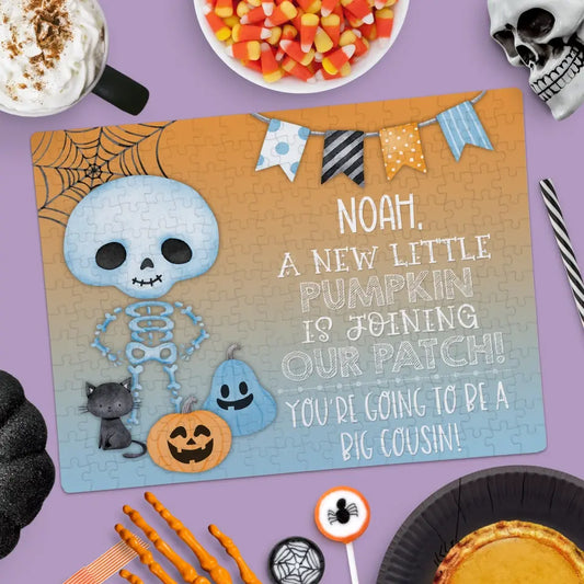 Halloween Big Cousin Pregnancy Announcement | Jigsaw Puzzle | Blue | Joining Pumpkin Patch | Personalized | S'Berry Boutique