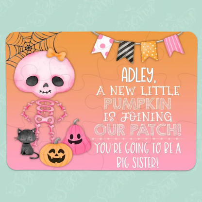 Halloween Big Sister Pregnancy Announcement | Jigsaw Puzzle | Pink | Joining Pumpkin Patch | Personalized | S'Berry Boutique