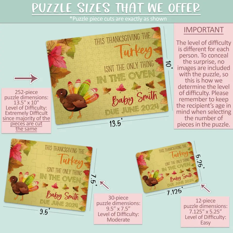 Thanksgiving Pregnancy Announcement | Jigsaw Puzzle | Turkey In The Oven | Personalized | S'Berry Boutique