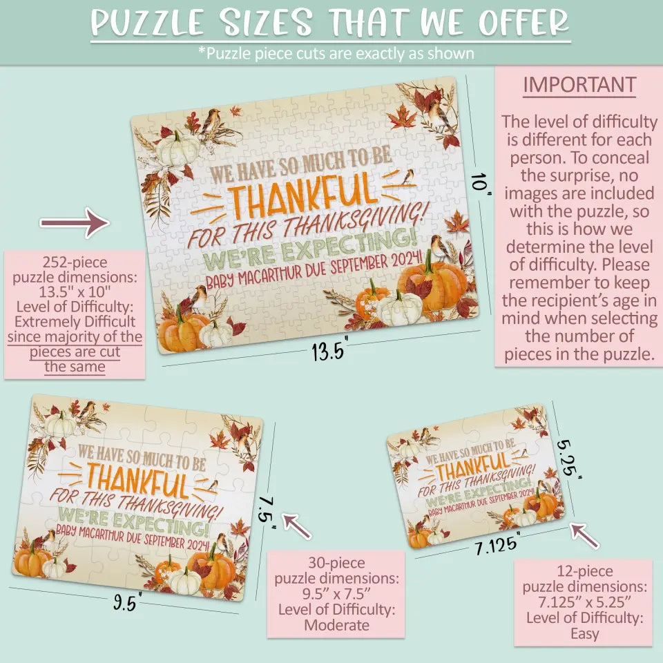 Thanksgiving Pregnancy Announcement | Jigsaw Puzzle | Thankful | Personalized | S'Berry Boutique