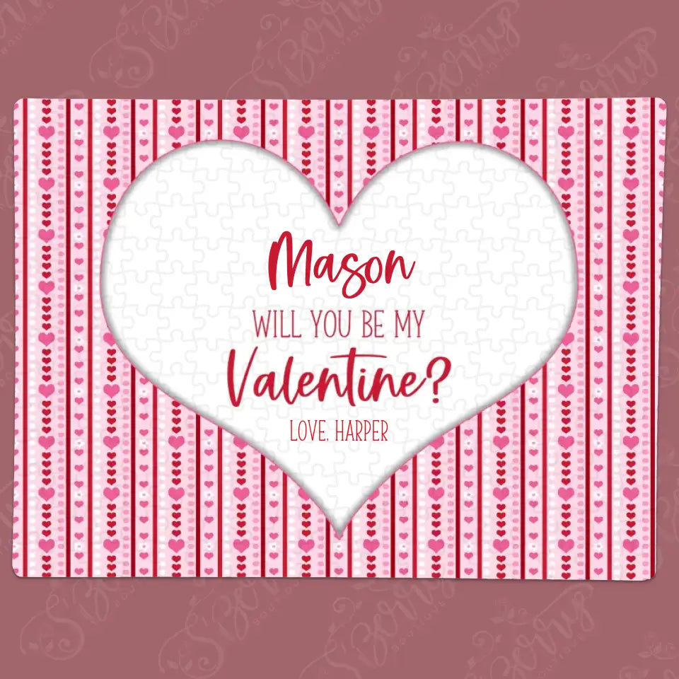 Will You Be My Valentine | Jigsaw Puzzle | Red & Pink Heart Stripes | Personalized | S'Berry Boutique