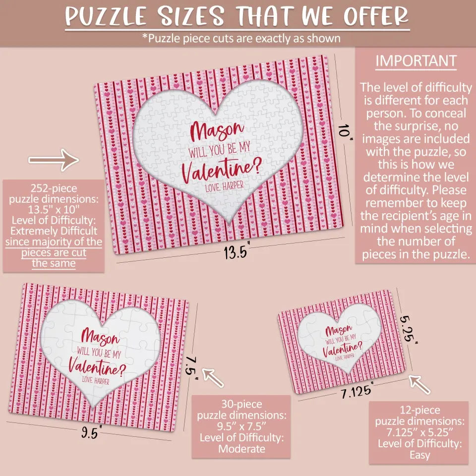 Will You Be My Valentine | Jigsaw Puzzle | Red & Pink Heart Stripes | Personalized | S'Berry Boutique