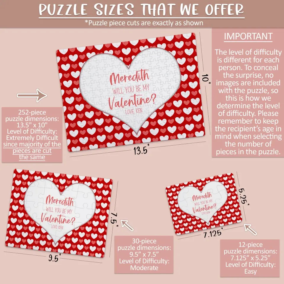 Will You Be My Valentine | Jigsaw Puzzle | Red With Pink & White Hearts | Personalized | S'Berry Boutique