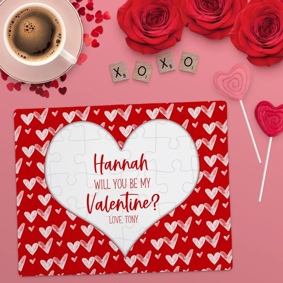 Will You Be My Valentine | Jigsaw Puzzle | Red With White Hearts | Personalized | S'Berry Boutique
