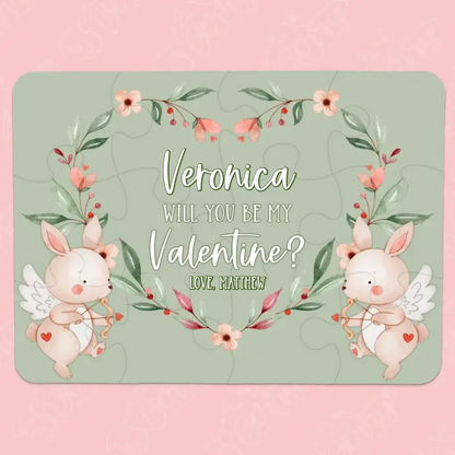 Will You Be My Valentine | Jigsaw Puzzle | Green with Bunny Cupids | Personalized | S'Berry Boutique