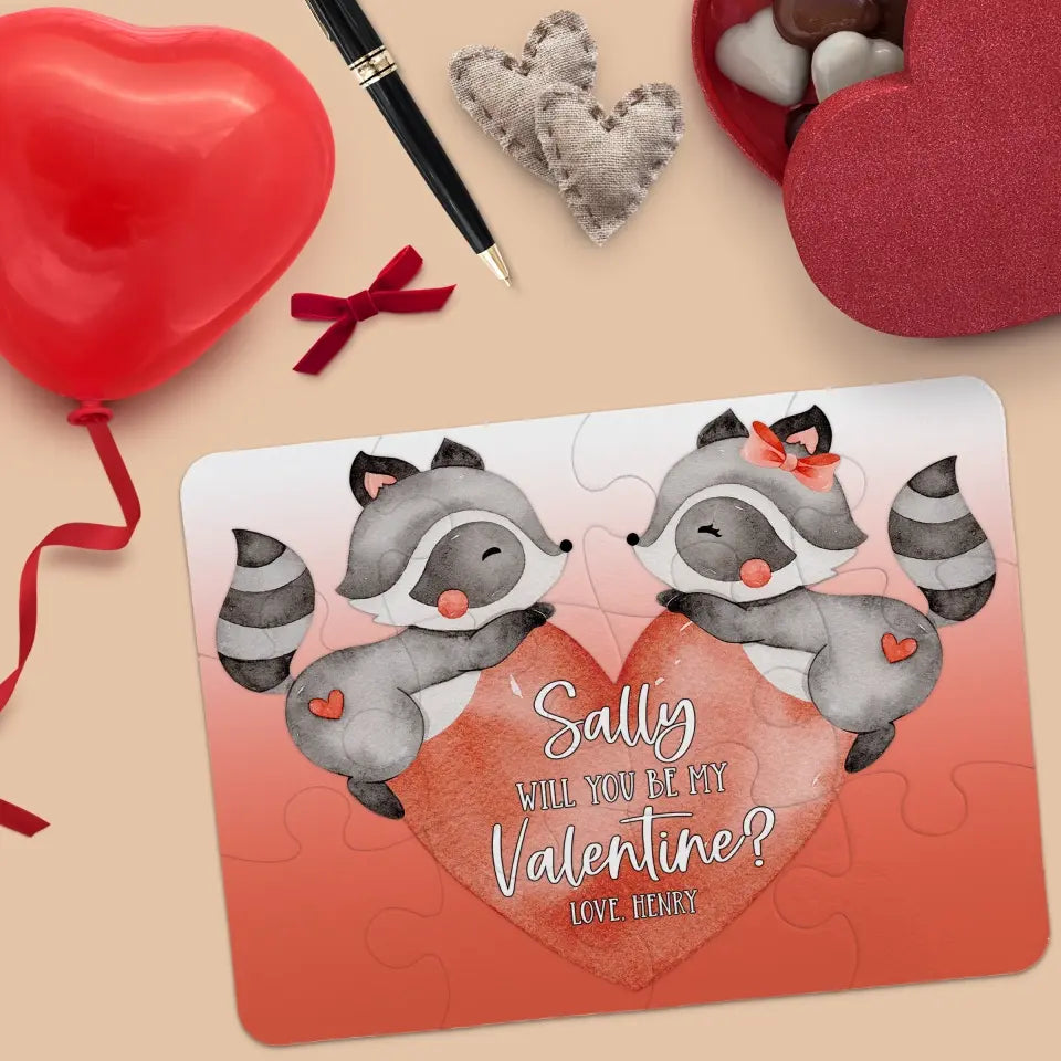Will You Be My Valentine | Jigsaw Puzzle | His & Her Raccoons With Heart | Personalized | S'Berry Boutique