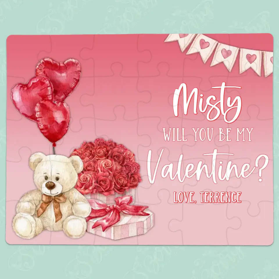 Will You Be My Valentine | Jigsaw Puzzle | Bear With Flowers & Heart Balloons | Personalized | S'Berry Boutique