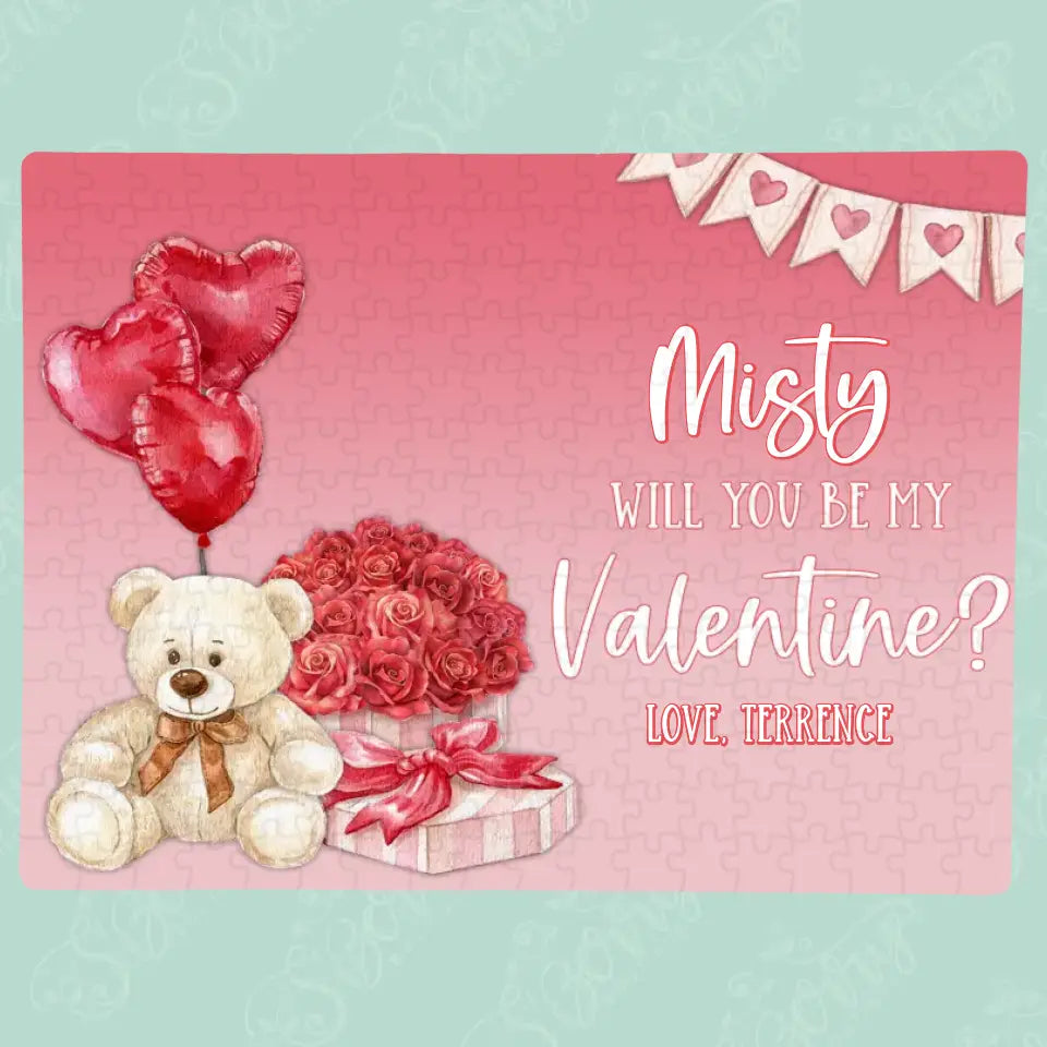 Will You Be My Valentine | Jigsaw Puzzle | Bear With Flowers & Heart Balloons | Personalized | S'Berry Boutique