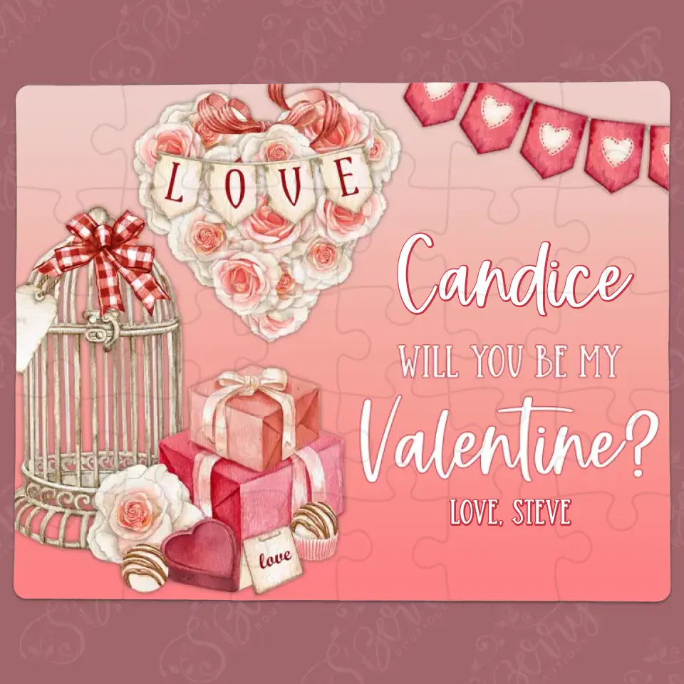 Will You Be My Valentine | Jigsaw Puzzle | Love Banner With Flowers | Personalized | S'Berry Boutique