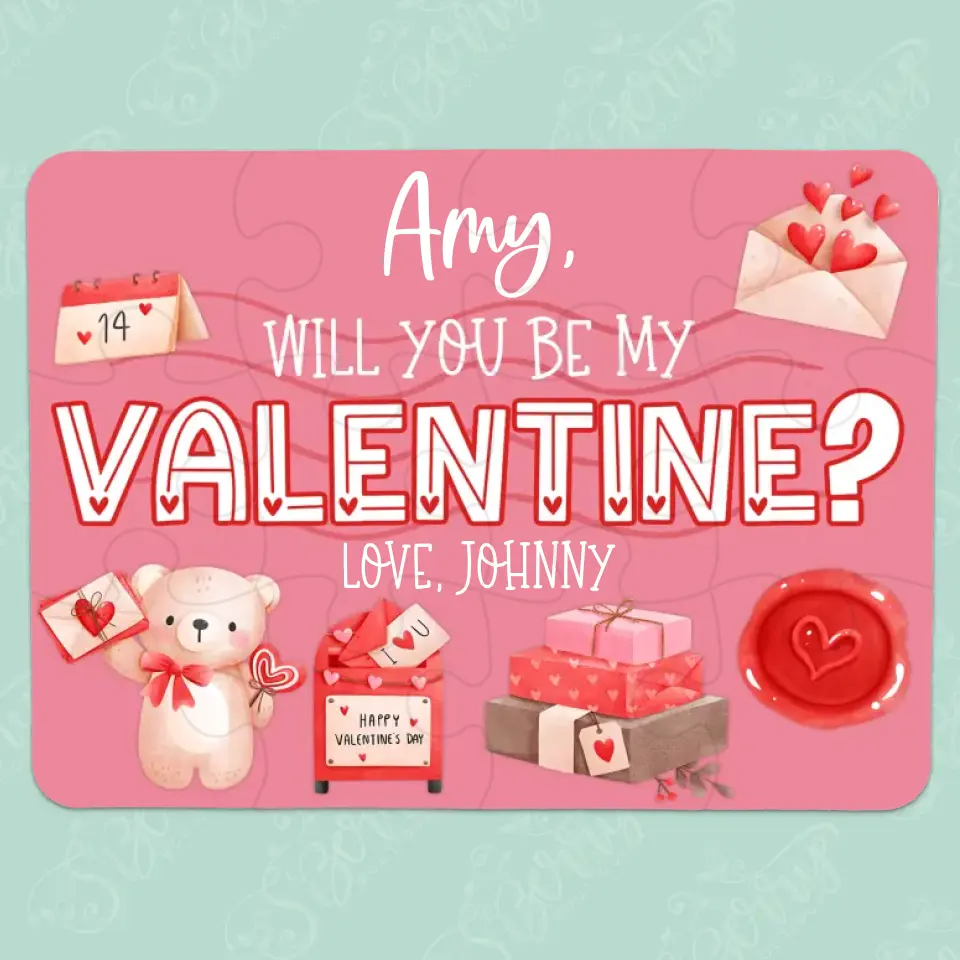 Will You Be My Valentine | Jigsaw Puzzle | Bear Holding Mail | Personalized | S'Berry Boutique