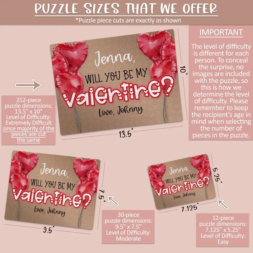 Will You Be My Valentine | Jigsaw Puzzle | Red Heart Balloons | Personalized | S'Berry Boutique
