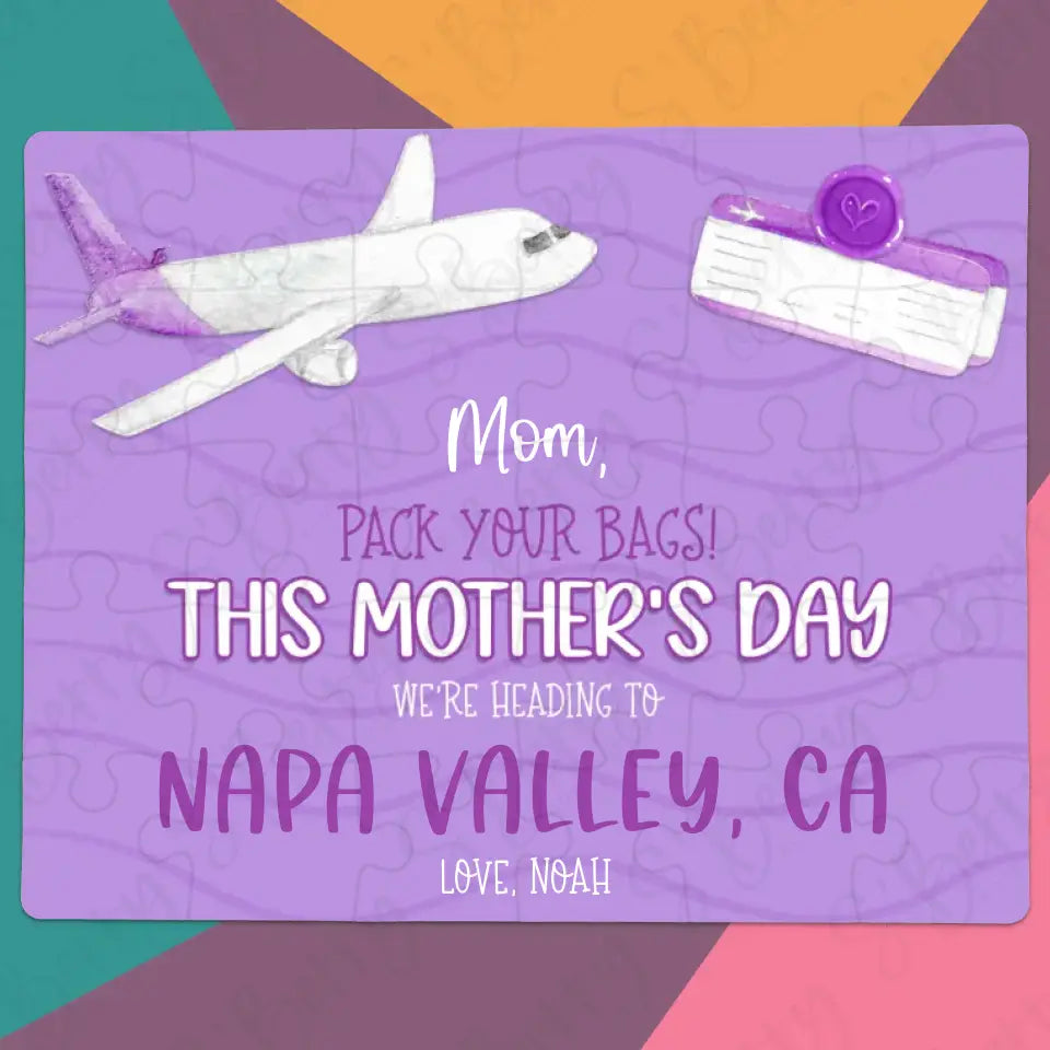 Mother's Day Destination Surprise Reveal | Jigsaw Puzzle | Purple | Airplane & Plane Tickets | Personalized | S'Berry Boutique