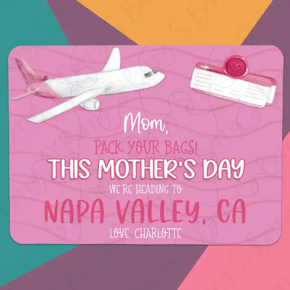Mother's Day Destination Surprise Reveal | Jigsaw Puzzle | Pink | Airplane & Plane Tickets | Personalized | S'Berry Boutique