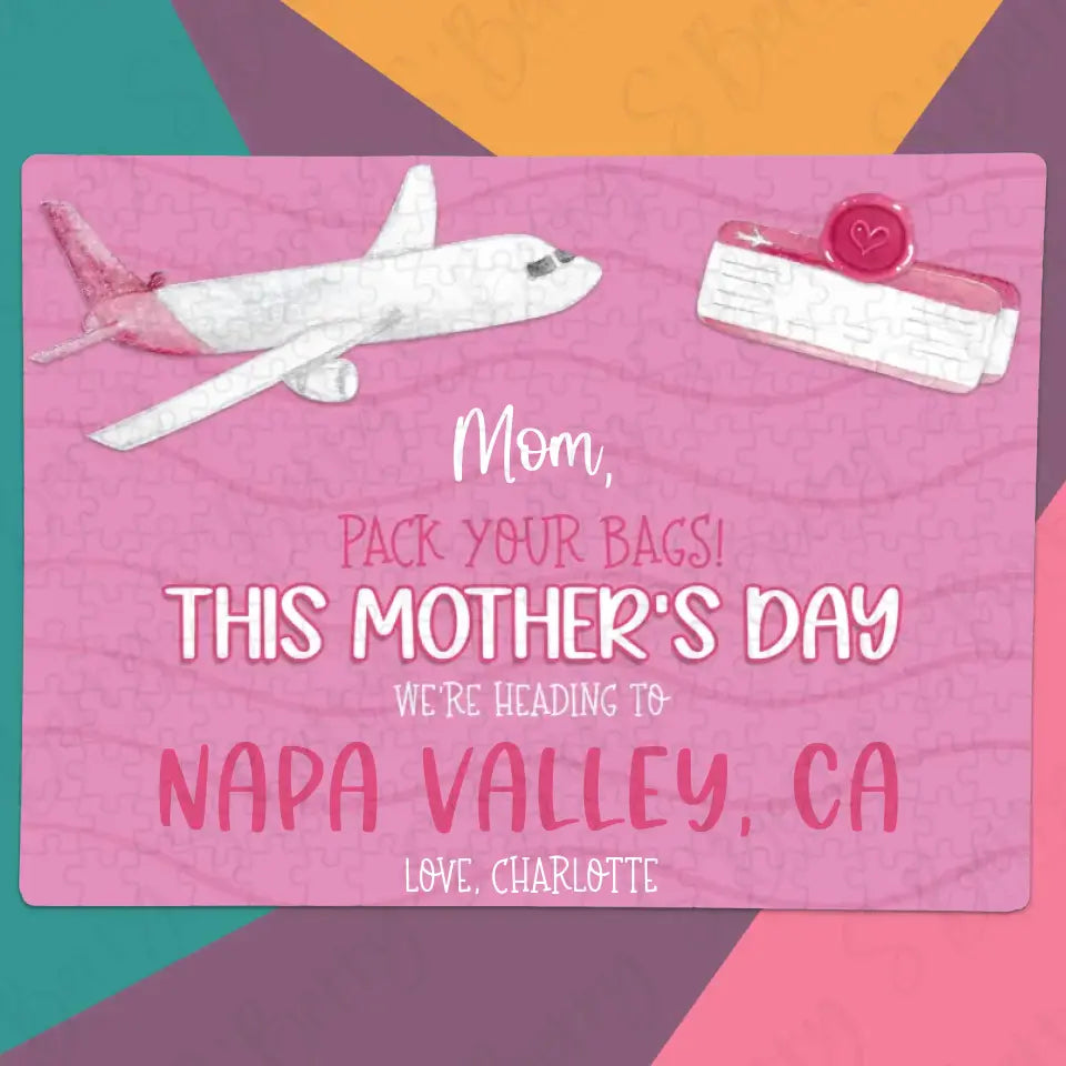 Mother's Day Destination Surprise Reveal | Jigsaw Puzzle | Pink | Airplane & Plane Tickets | Personalized | S'Berry Boutique