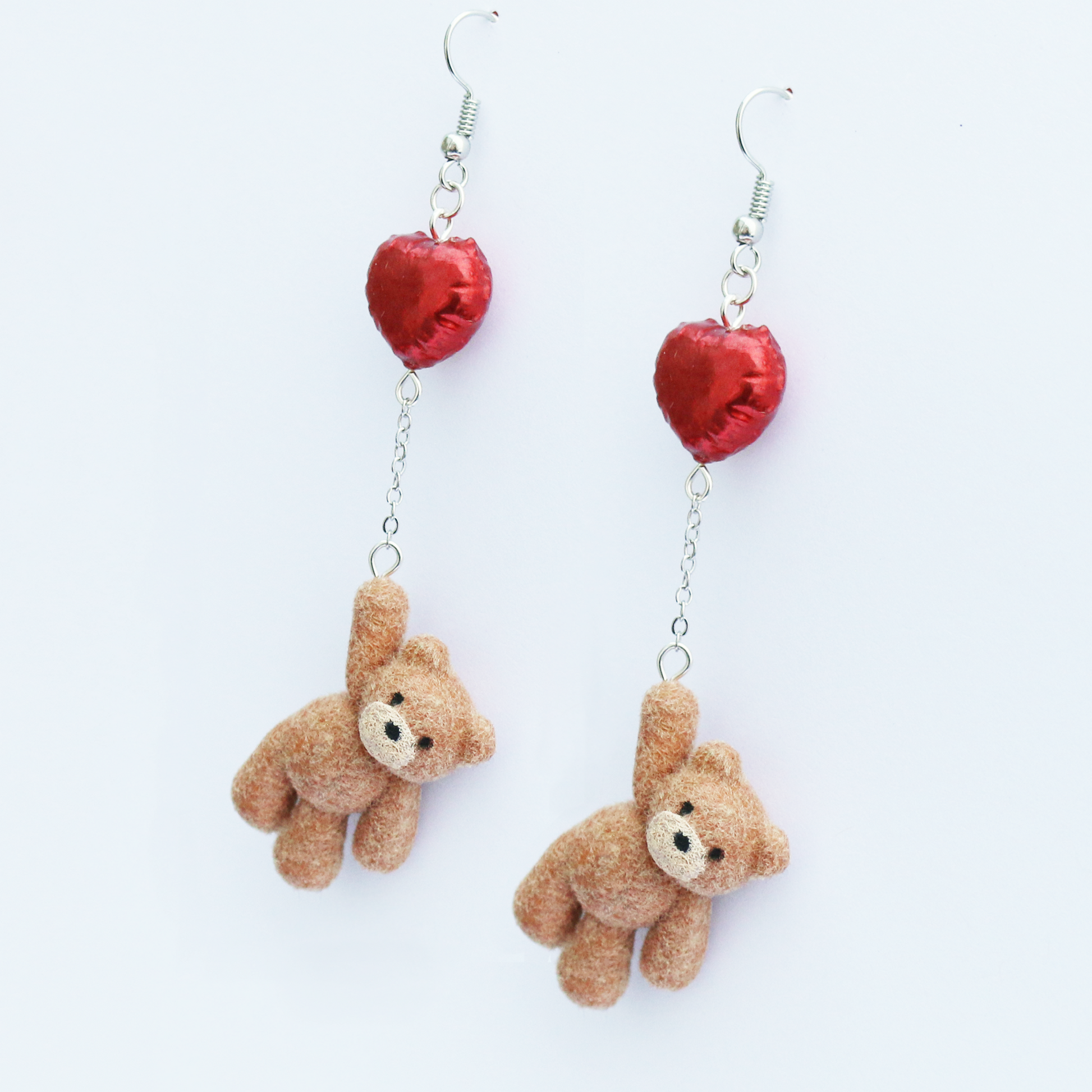 Teddy Bear Holding Red Heart Balloon Earrings | Miniature Realistic Looking Jewelry | S'Berry Boutique