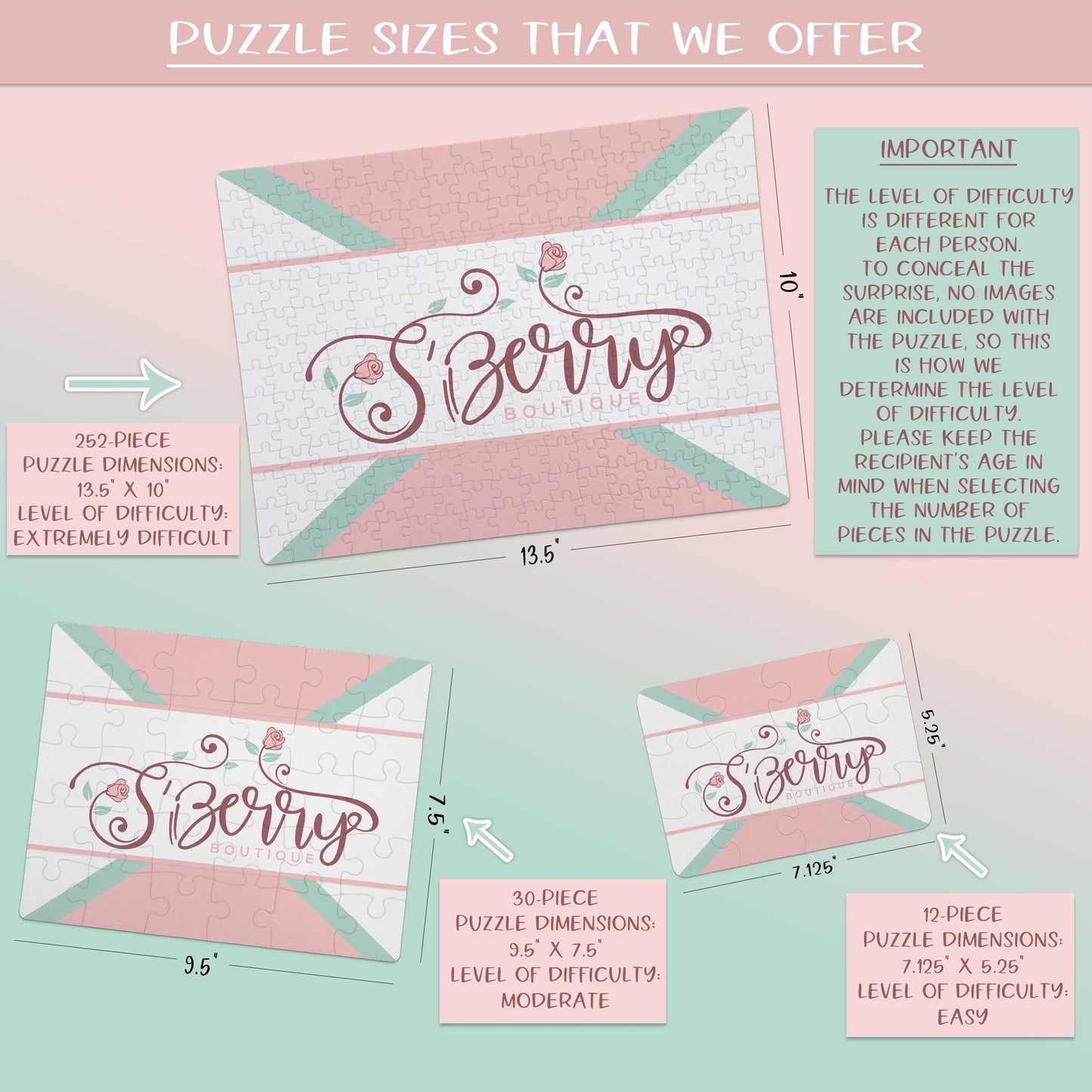 Puzzle Size Options | 12 pieces, 30 pieces, 252 pieces | S’Berry Boutique, LLC