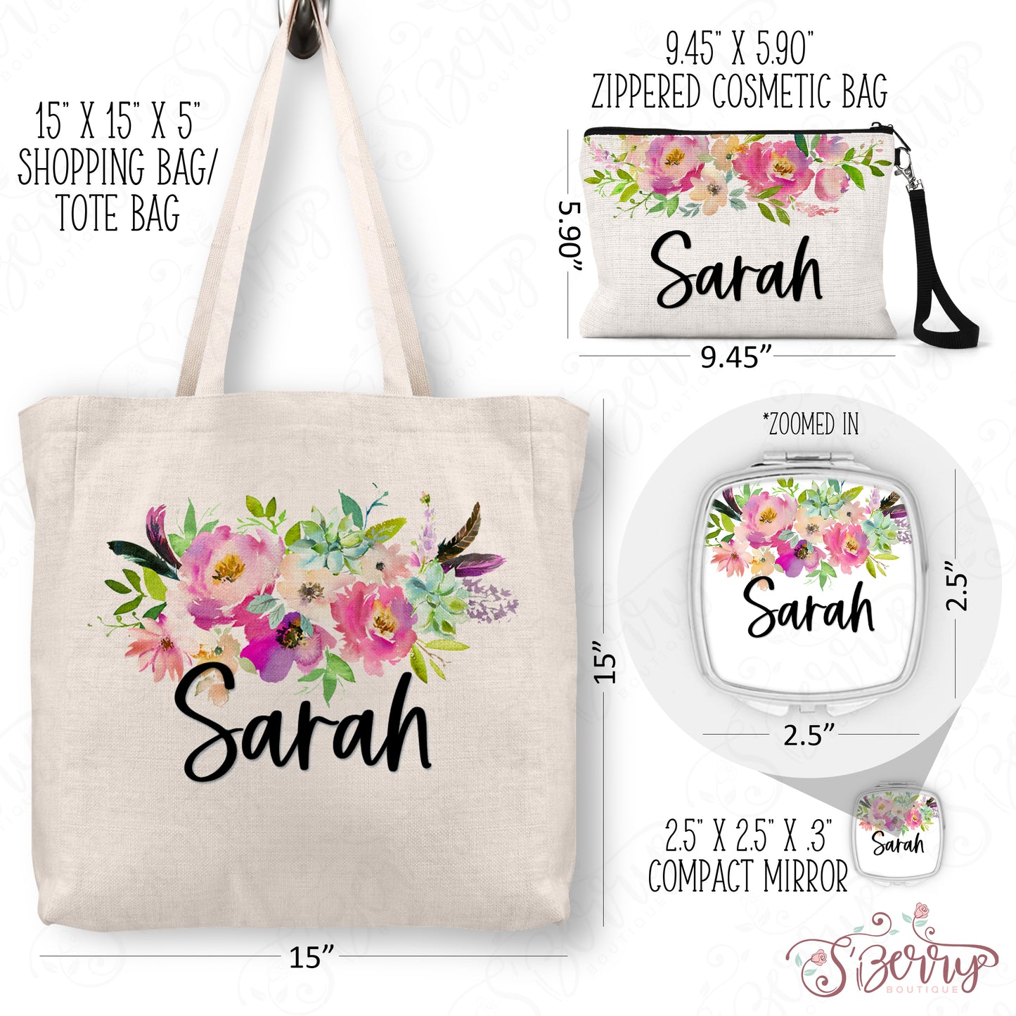 Personalized Floral Tote Bag, Cosmetic Bag & Compact Mirror Gift Set - GS0001
