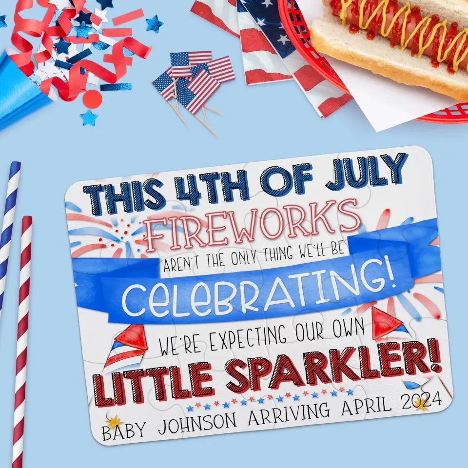 4th Of July Pregnancy Announcement | Jigsaw Puzzle | Expecting A Little Sparkler | Personalized | S'Berry Boutique
