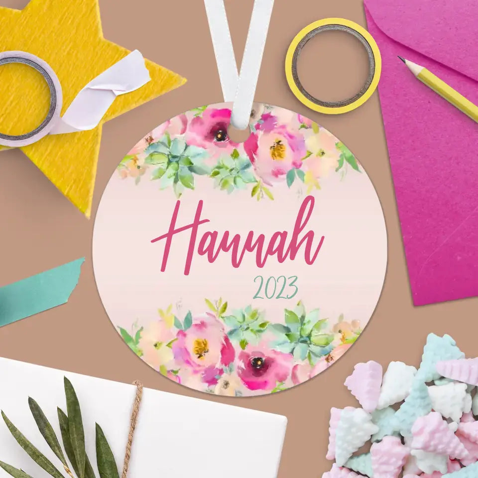Floral & Succulent Christmas Ornament | Pink, Teal | 2023 | Personalized