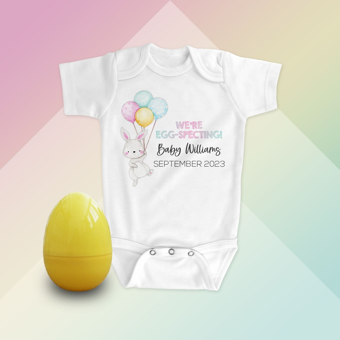 Easter Pregnancy Announcement | Baby Bodysuit | Bunny With Balloons Design | With Plastic Egg | Personalized | S'Berry Boutique