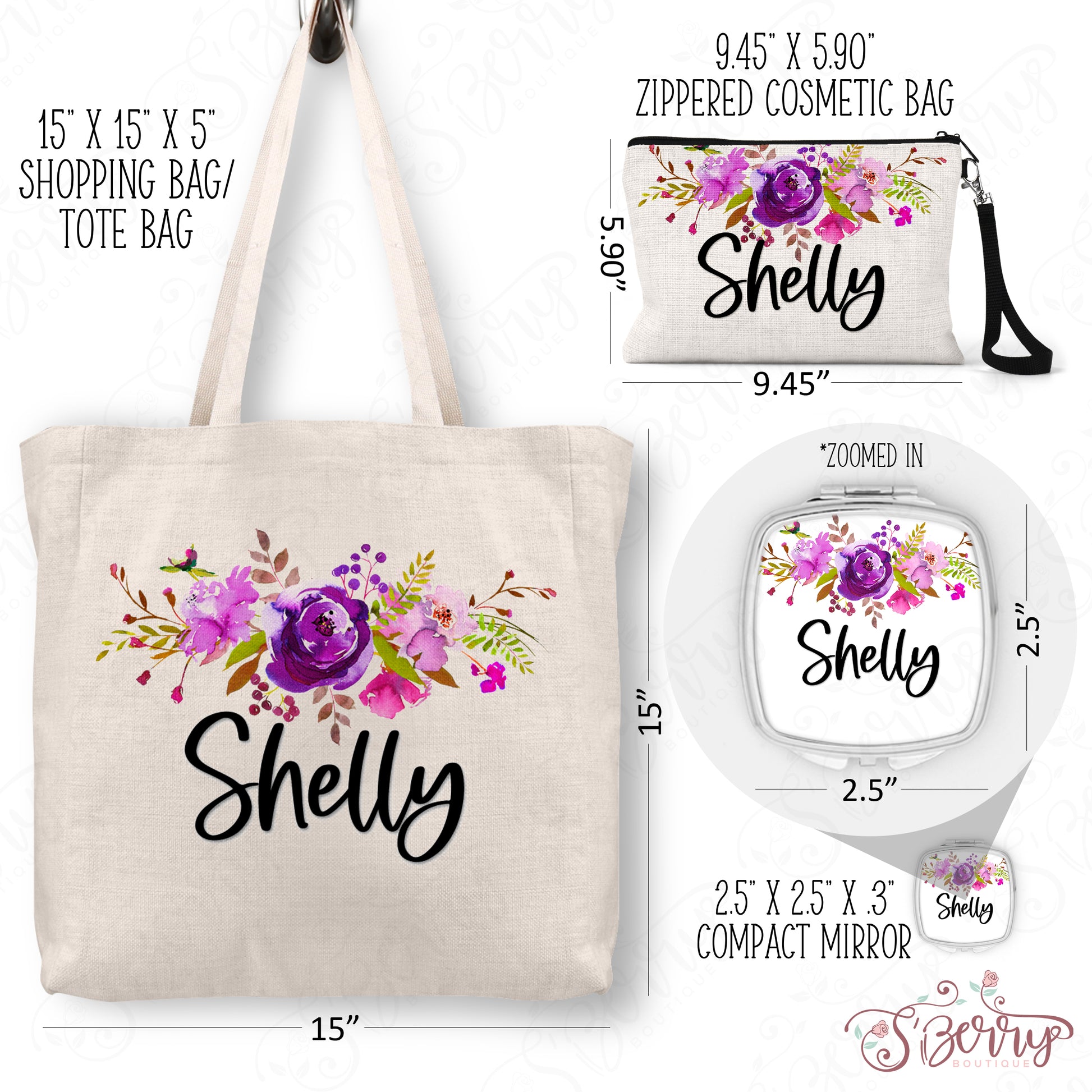 Personalized Floral Tote Bag, Cosmetic Bag & Compact Mirror Gift Set - GS0004