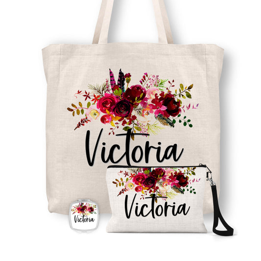 Personalized Floral Tote Bag, Cosmetic Bag & Compact Mirror Gift Set - GS0006