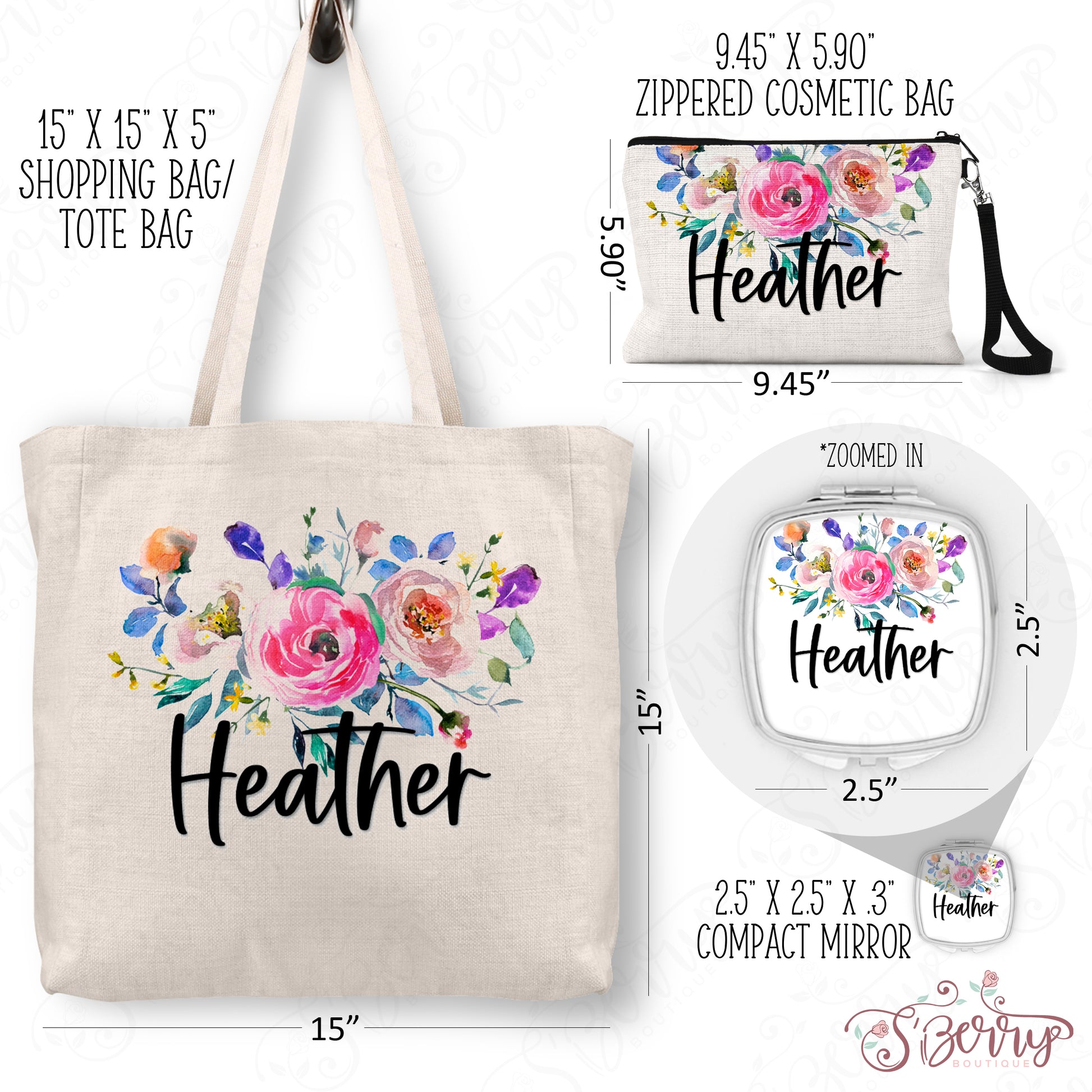 Personalized Floral Tote Bag, Cosmetic Bag & Compact Mirror Gift Set - GS0007 | S'Berry Boutique