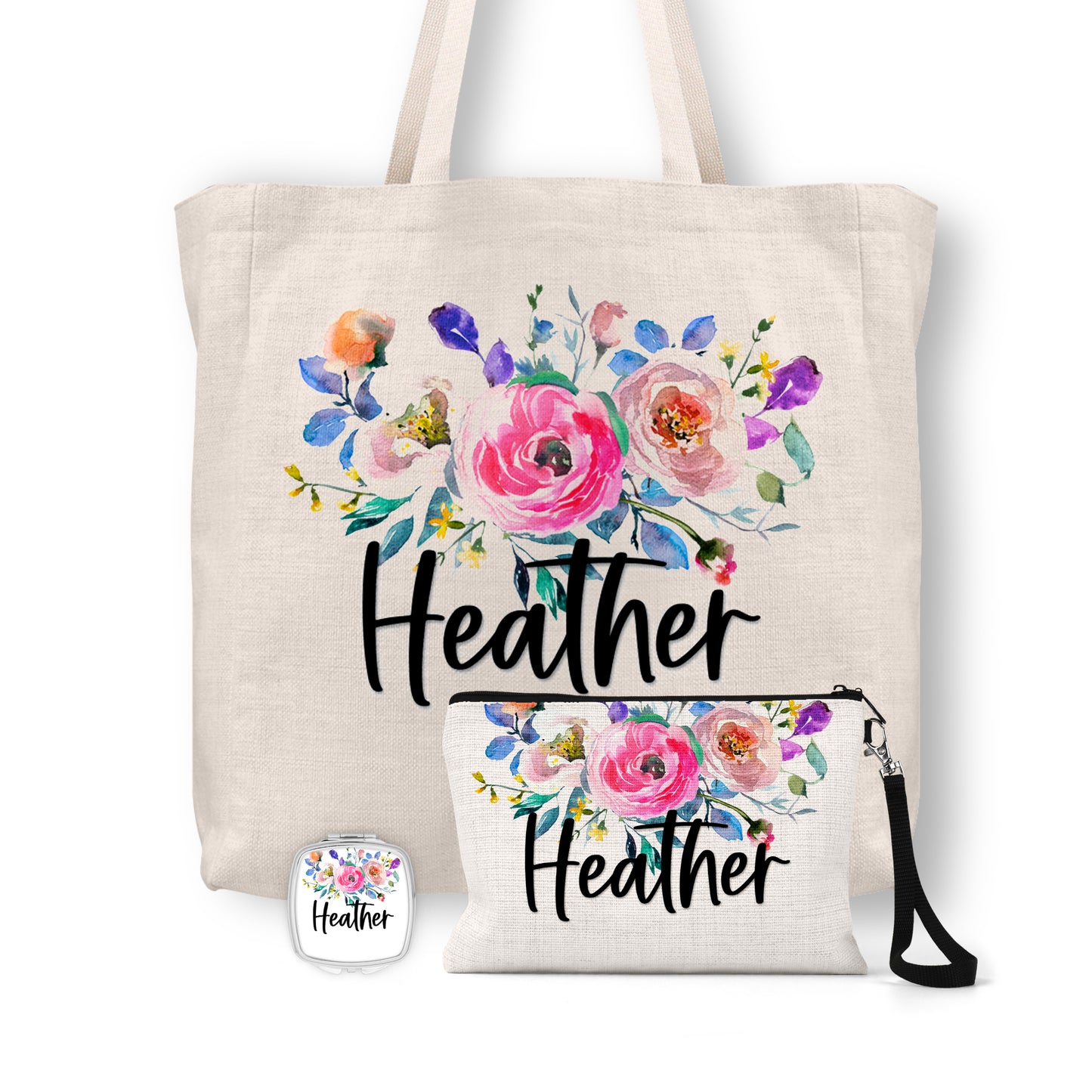 Personalized Floral Tote Bag, Cosmetic Bag & Compact Mirror Gift Set - GS0007 | S'Berry Boutique