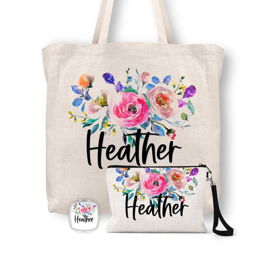Personalized Floral Tote Bag, Cosmetic Bag & Compact Mirror Gift Set - GS0007