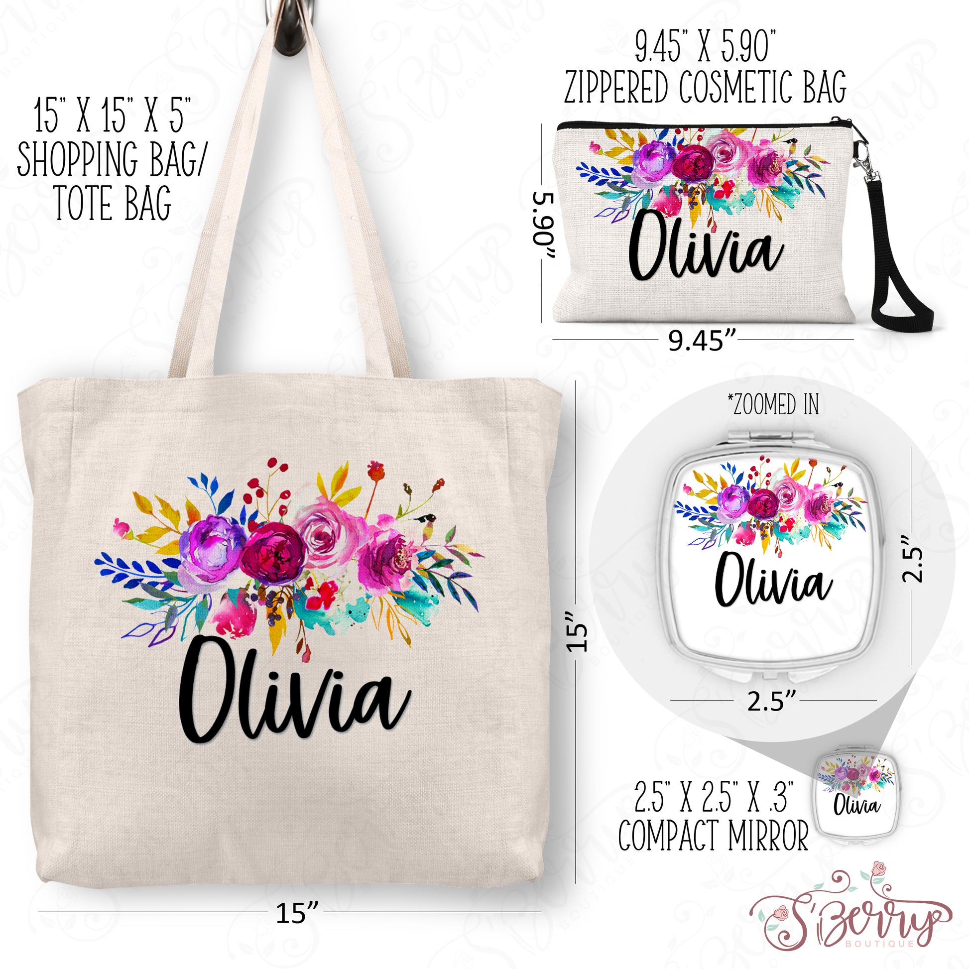 Personalized Floral Tote Bag, Cosmetic Bag & Compact Mirror Gift Set - GS0008 | S'Berry Boutique