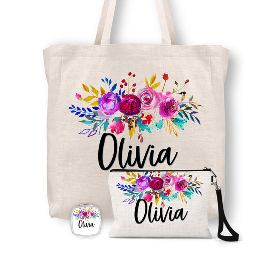 Personalized Floral Tote Bag, Cosmetic Bag & Compact Mirror Gift Set - GS0008