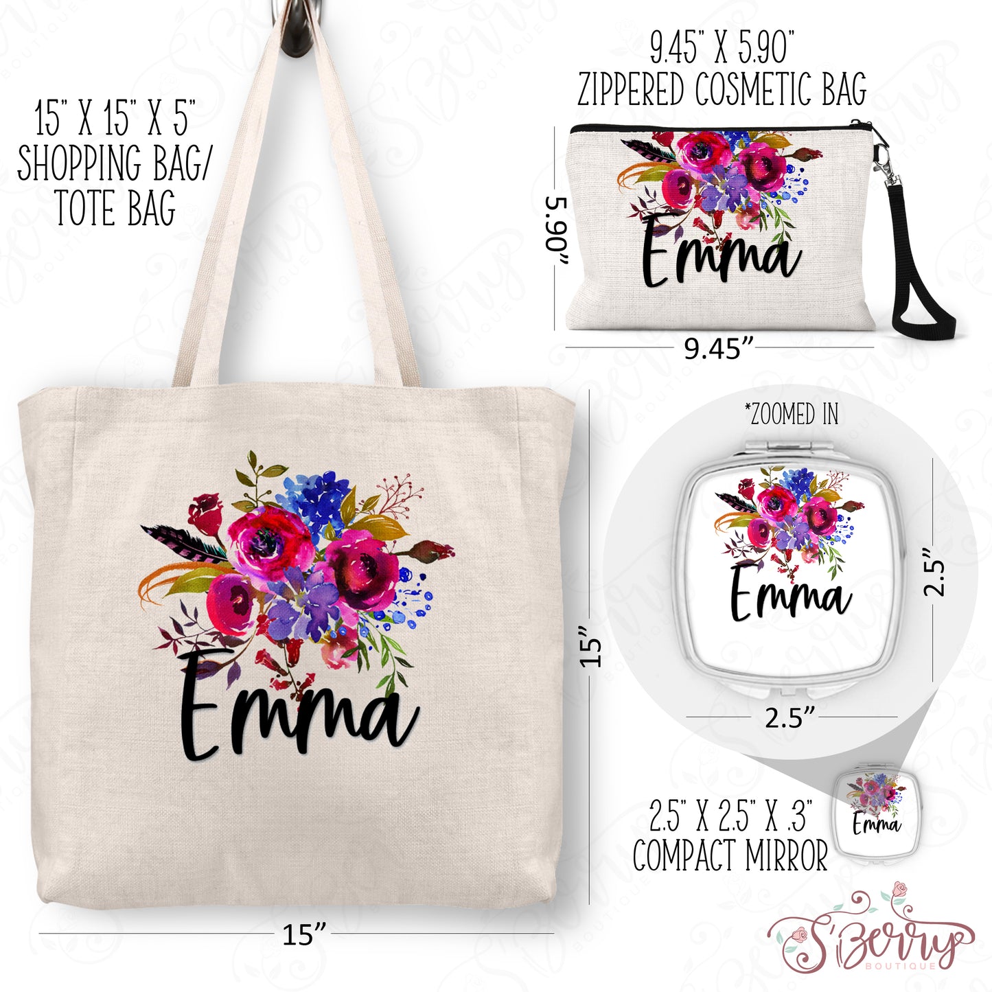 Personalized Floral Tote Bag, Cosmetic Bag & Compact Mirror Gift Set - GS0009