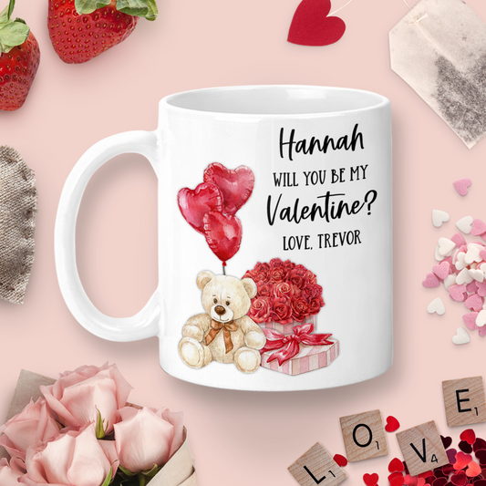 Personalized Be My Valentine Mug - Bear With Flowers & Balloons - M0603