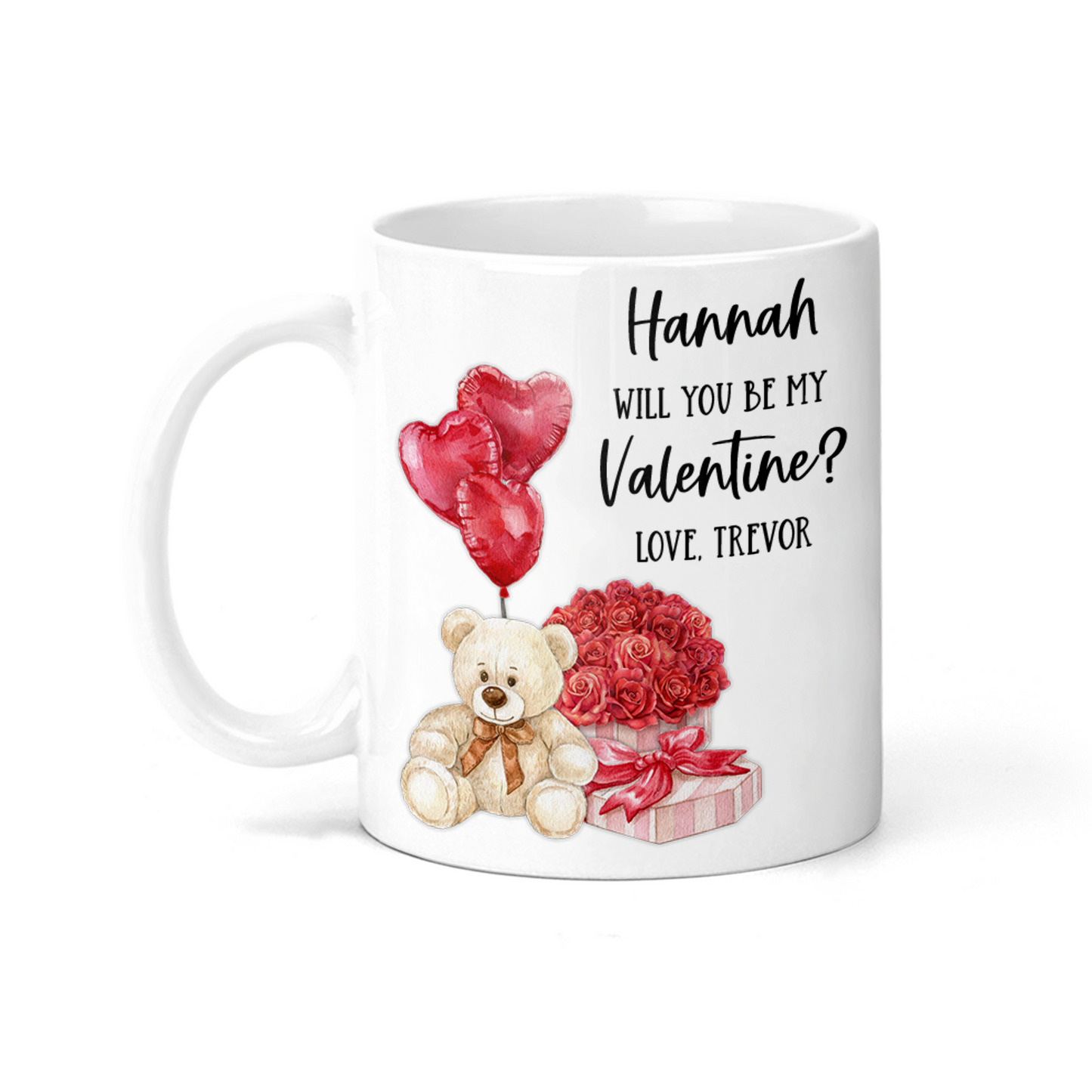 Personalized Be My Valentine Mug - Bear With Flowers & Balloons - M0603