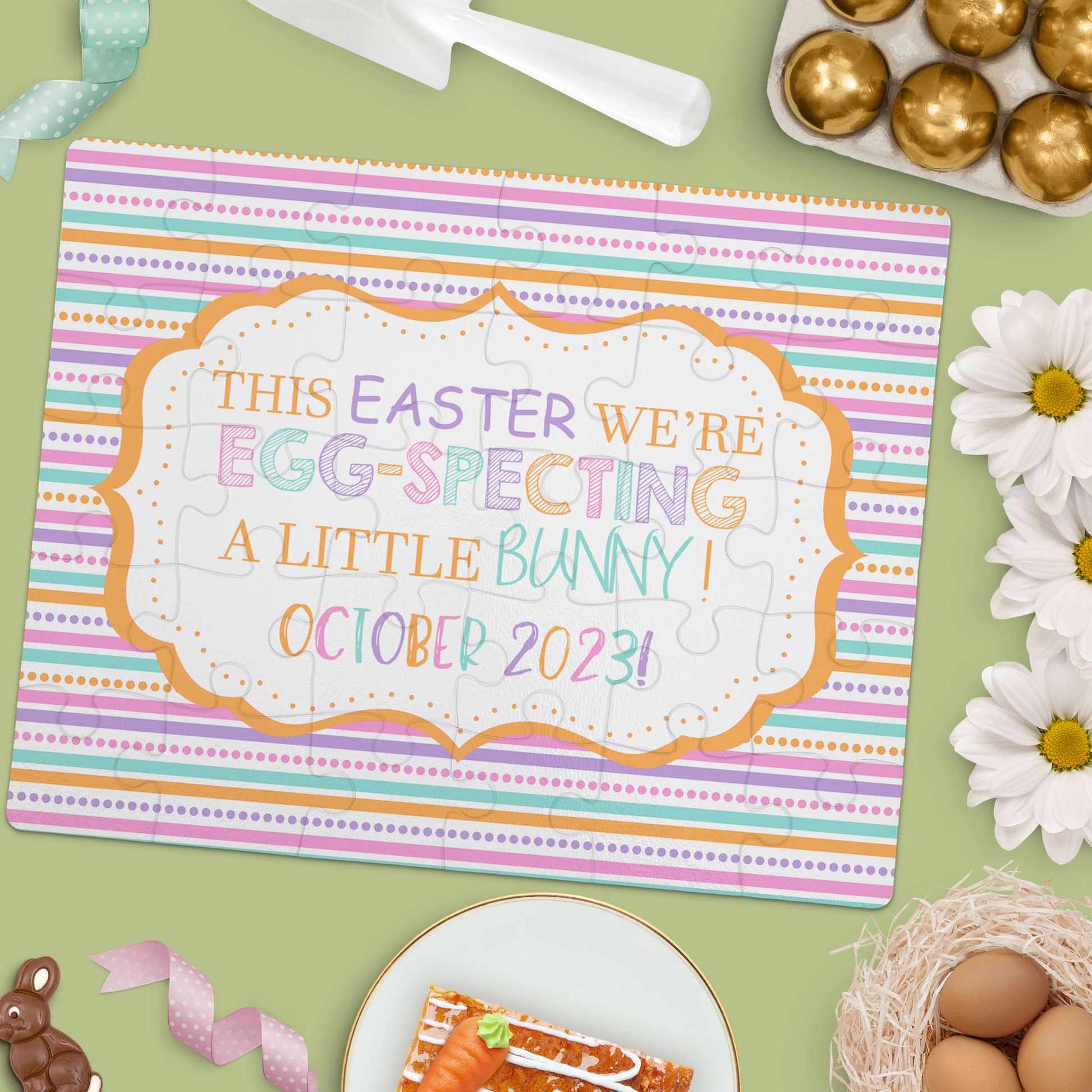 Custom Easter Pregnancy Announcement | Jigsaw Puzzle | Pastel Stripes Design