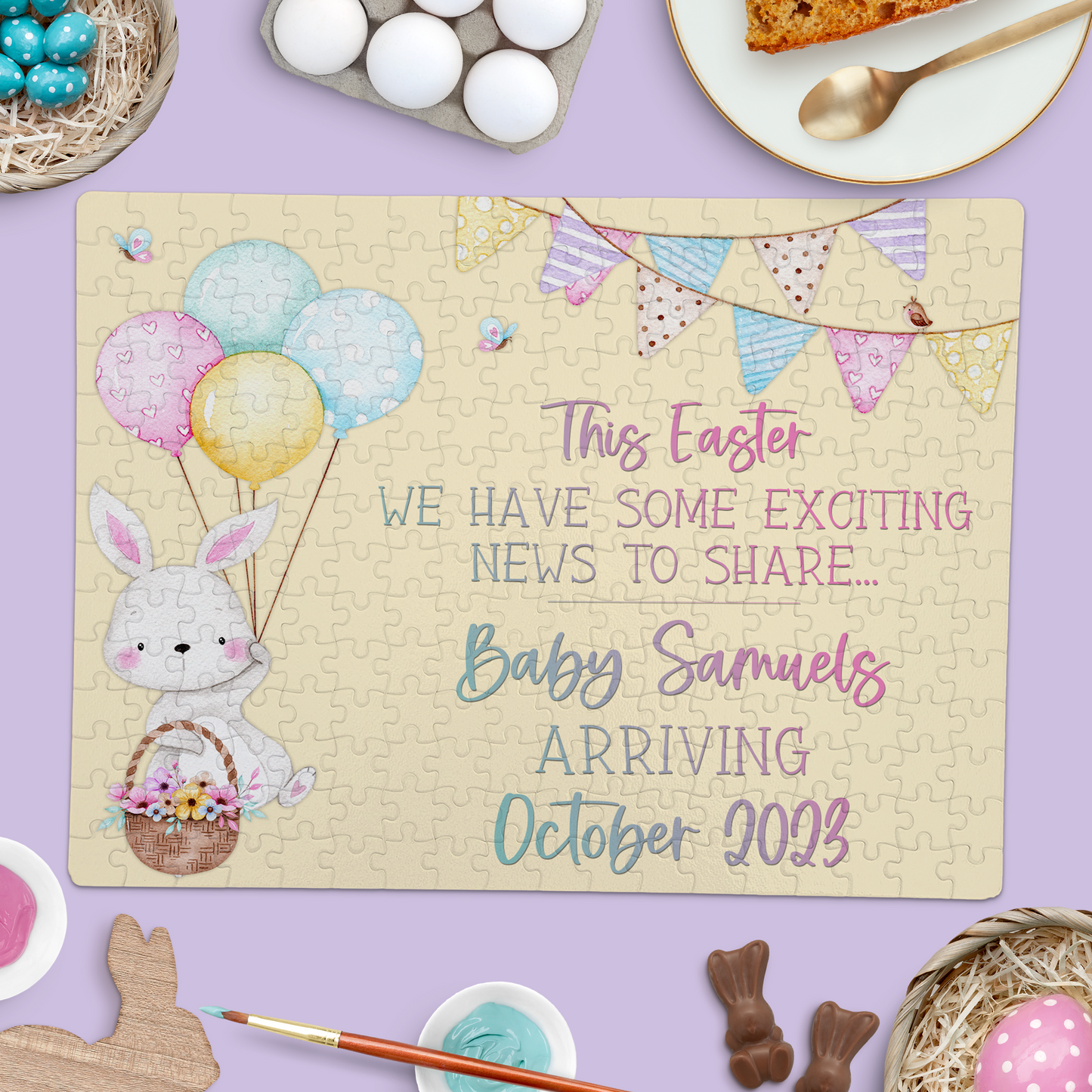 Easter Pregnancy Announcement | Jigsaw Puzzle | Bunny With Balloons Design | Personalized | S'Berry Boutique