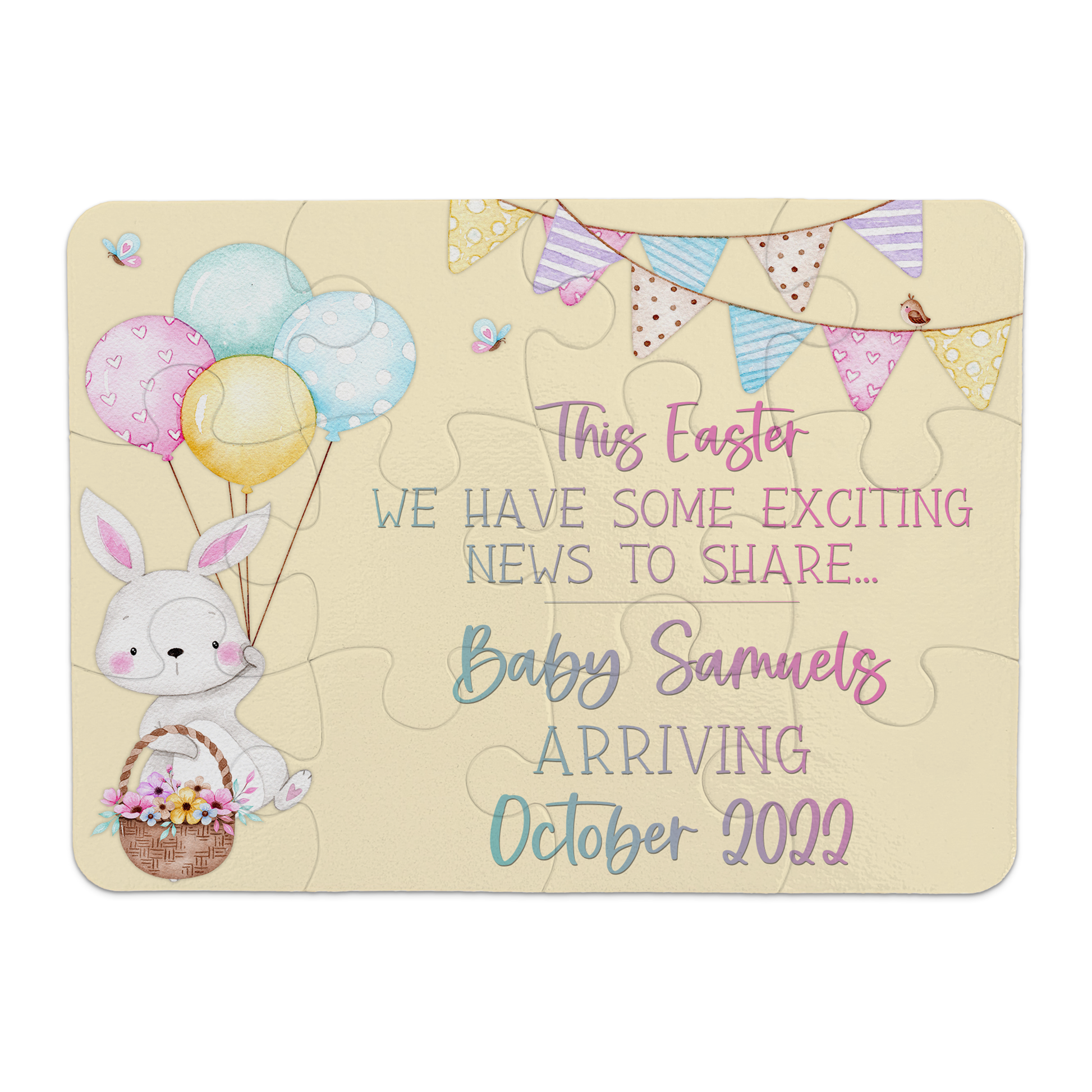 Easter Pregnancy Announcement | Jigsaw Puzzle | Bunny With Balloons Design | Personalized | S'Berry Boutique