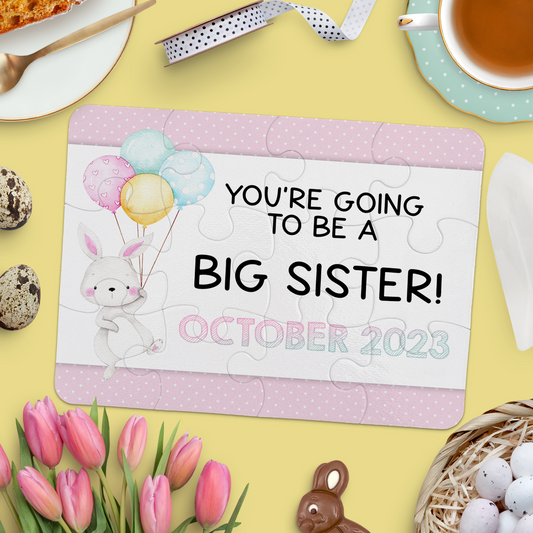 Custom Easter Big Sister Pregnancy Announcement | Jigsaw Puzzle | Bunny With Balloons Design | S'Berry Boutique