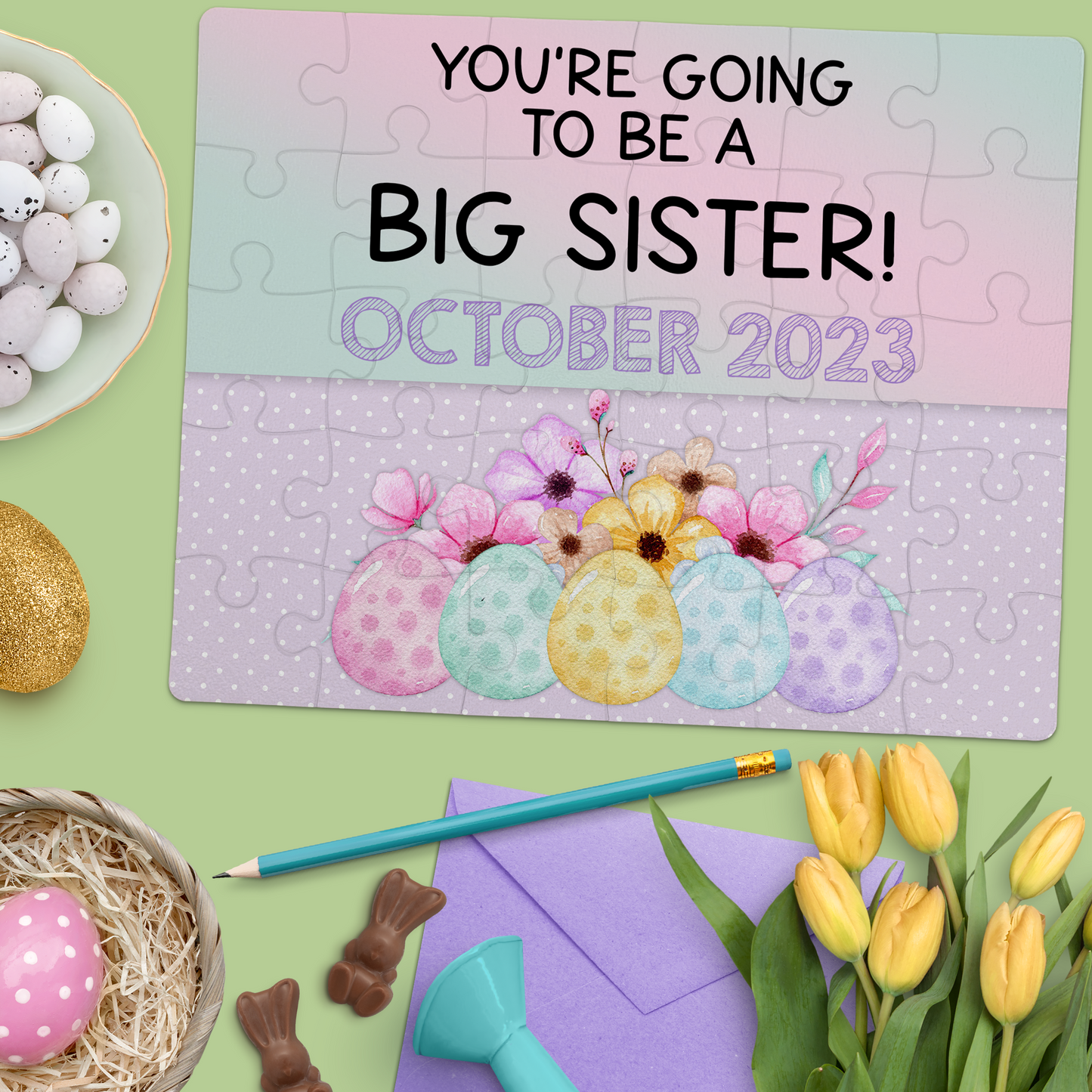 Custom Easter Pregnancy Announcement | Jigsaw Puzzle | Pastel Eggs With Floral Design