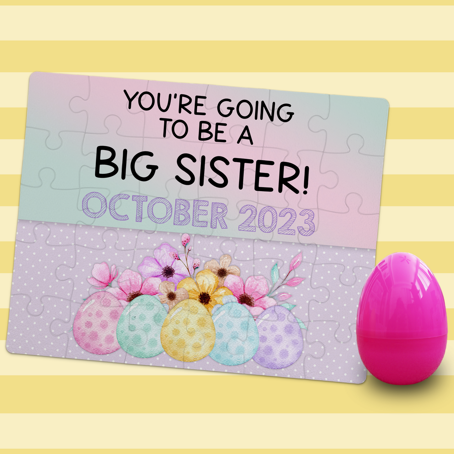Custom Easter Pregnancy Announcement | Jigsaw Puzzle | Pastel Eggs With Floral Design | With Plastic Egg