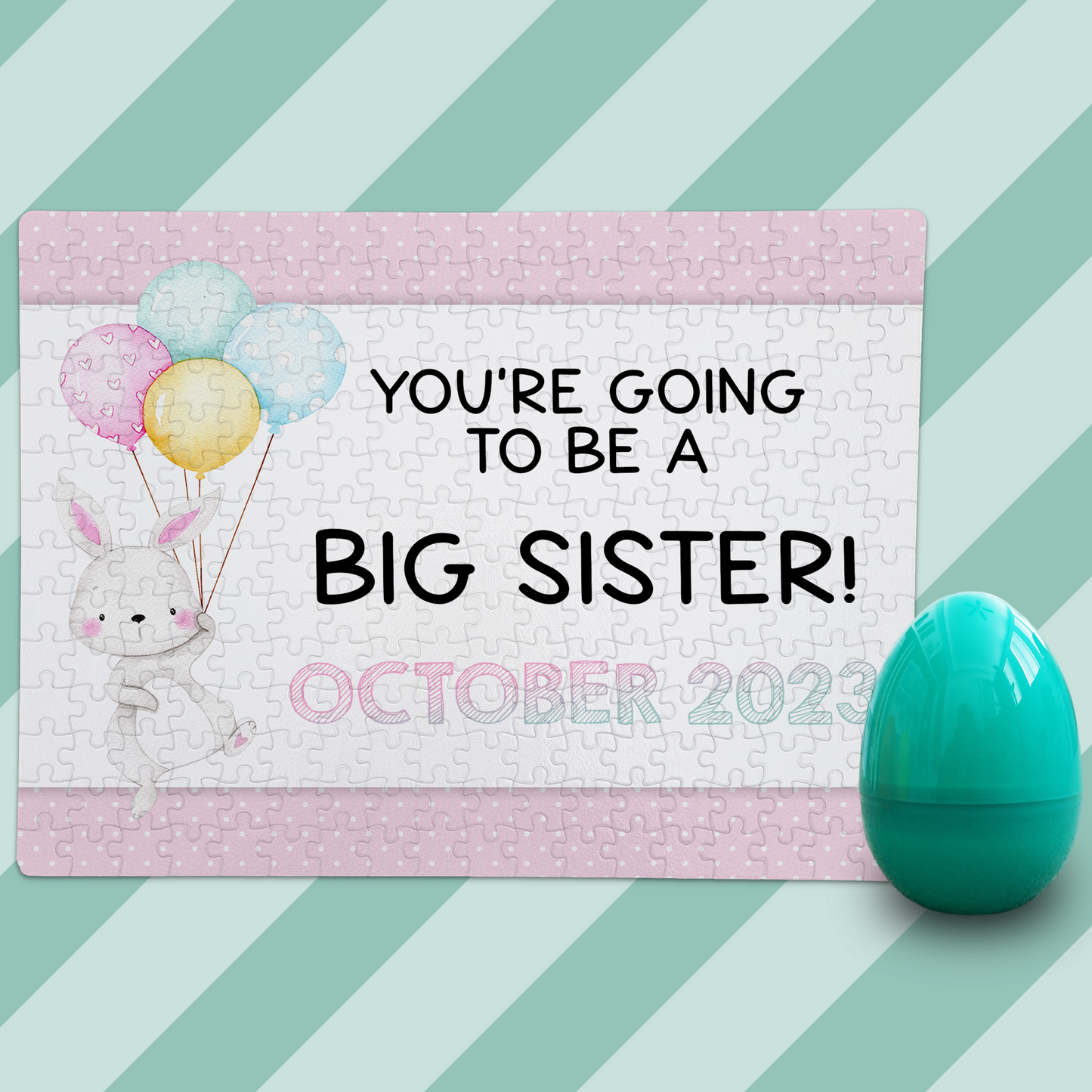 Custom Easter Big Sister Pregnancy Announcement | Jigsaw Puzzle | Bunny With Balloons Design | With Plastic Egg | S'Berry Boutique