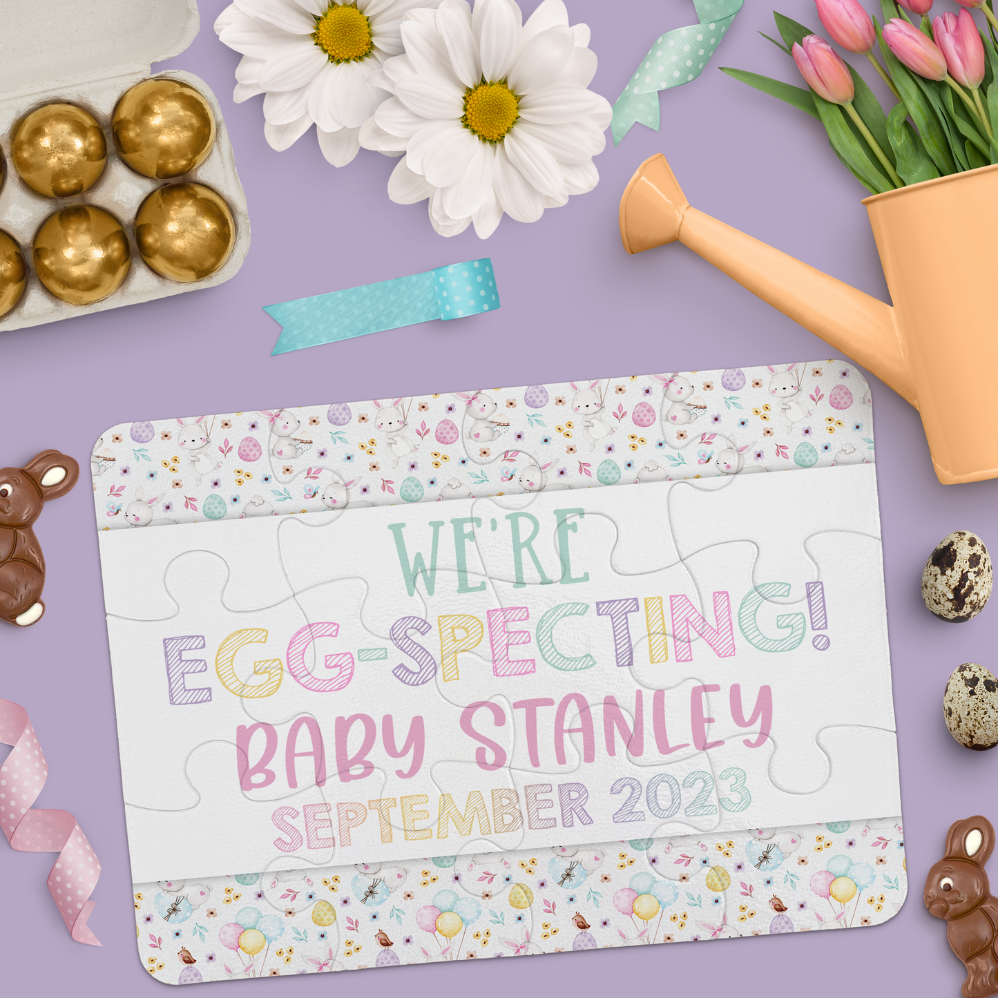Personalized Easter Pregnancy Announcement | Jigsaw Puzzle | Bunny & Eggs Design | S'Berry Boutique