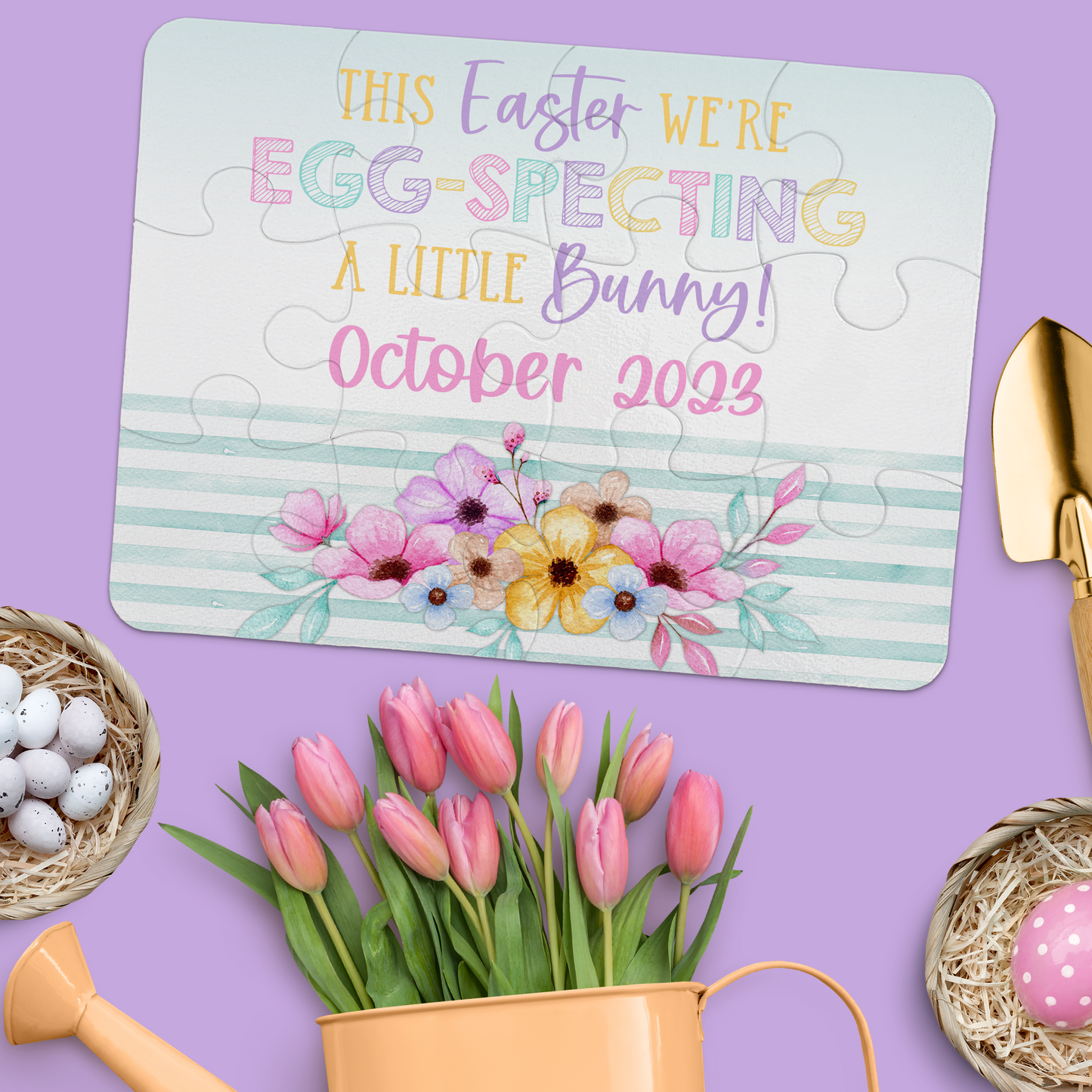Custom Easter Pregnancy Announcement | Jigsaw Puzzle | Floral With Stripes Design